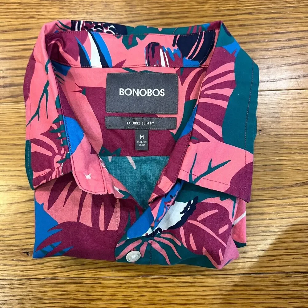 Bonobos Shirt Mens Medium‎ Pink All Over Print Tailored Slim Fit Button Up